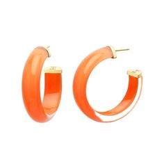 14k yellow gold over sterling silver small illusion acrylic hoop earrings in orange. This is a great hoop for a pop of color and a bit of shimmer! 1.5" Round Illusion Hoops. Handcrafted acrylic earrings with hand painted pearl shimmer enamel. 14k gold plated sterling silver findings. Clear from the side and full pop of color in the front. Pink Peacock, Orange Earrings, Handcrafted Accessories, Acrylic Earrings, Orange Gold, Design Product, High Quality Jewelry, Gold Plated Sterling Silver, Cute Jewelry