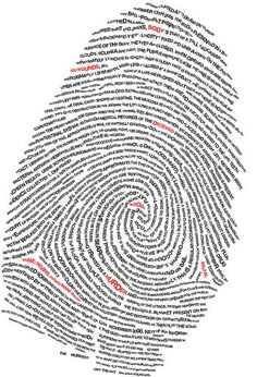 a fingerprint is shown in red and white with the word'i love you'written on it