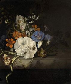 a painting of flowers in a glass vase on a table with a butterfly and other items