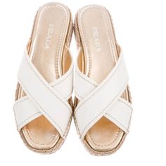 8.5 - Ivory Leather Prada Flatform Sandals With Tonal Stitching Throughout, Jute Trim, And Rubber Soles. Heels: 2" Platforms: 1.75" Shoes Prada, Flatform Sandals, Prada Leather, Prada Shoes, Cream White, Prada, Stitching, Trim, Women Shoes