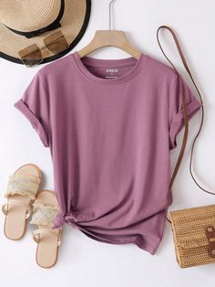 SHEIN Essnce Solid Round Neck Tee | SHEIN USA Winter T Shirts, Relaxed Outfit, Outfit Casual, Top Casual, Casual Outfit