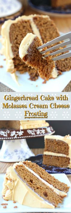 a slice of gingerbread cake with molassa cream cheese frosting