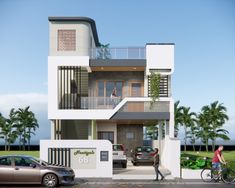 two people are walking towards a house with balconies on the second floor and cars parked in front