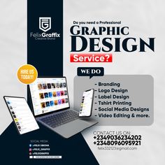 an advertisement for graphic design service with laptop and tablet on the table in front of it