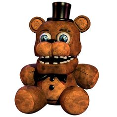 a brown teddy bear wearing a top hat and bow tie with eyes wide open, smiling