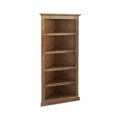 a wooden book shelf with three shelves on each side and one door open to show the bottom