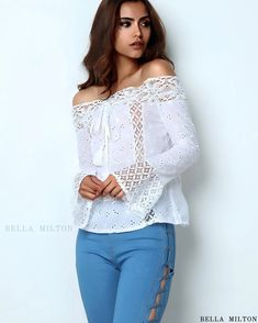 Bella Milton - Chic Off-Shoulder Casual Blouse with Elegant Lace Detailing Summer Cold Shoulder Off-shoulder Top, Spring Off-shoulder Top For Day Out, Bohemian Long Sleeve Off-shoulder Top For Vacation, Fitted Off-shoulder Summer Blouse, Fitted Off-shoulder Blouse For Summer, Elegant Summer Long Sleeve Off-shoulder Top, Elegant Long Sleeve Off-shoulder Top For Summer, Fitted Cold Shoulder Off-shoulder Top For Summer, Cold Shoulder Tops For Spring Brunch