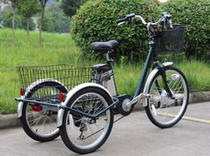 a bicycle with a basket is parked on the side of the road in front of some bushes