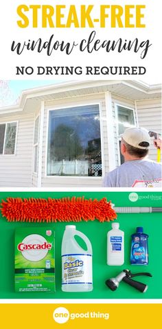 a man is painting the outside of a house with green paint and other cleaning supplies