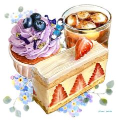 a watercolor painting of a cupcake with ice cream and strawberries next to it