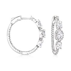 Ross-Simons - 3.70ct t. w. Cubic Zirconia Inside-Outside Hoop Earrings in Silver. 1". These elegant hoops flaunt endless shimmer, bejeweled at the fronts with six oval CZs, totaling 3.00 carats, and .70 ct. t. w. round brilliant-cut CZs along the inner and outer edges. Crafted in sterling silver. Hinged post with vault lock safety. Hanging length is 1". CZ inside-outside hoop earrings. CZ weights are diamond equivalents. Halo Cubic Zirconia Hoop Diamond Earrings, Halo Cubic Zirconia Diamond Hoop Earrings, Silver Diamond Hoop Earrings With Halo, Diamond White Halo Hoop Earrings, Silver Halo Hoop Earrings For Anniversary, Emerald Earrings Drop, Stone Cuts, Fine Jewellery Earrings, Girls Jewelry