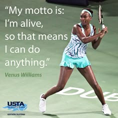 a woman holding a tennis racquet on top of a tennis court in front of a quote