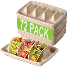 three burritos in trays with the word 72 pack printed on each one