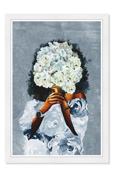 a painting of a woman holding a bouquet of white flowers in her hands with the background gray