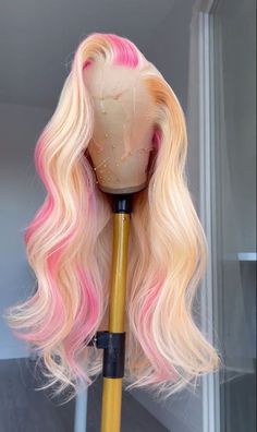 Blonde Pink Wavy Lace Front Wig Human Hair – newhairagenda Pink Wig With Blonde Highlights, Blonde And Pink Lace Front Wig, Summer Wig Colors, Birthday Hair Color Ideas, Pink And Blonde Wig, Blonde And Pink Wig, Wig With Pink Highlights, Pink And Blonde Hair, Blonde Pink