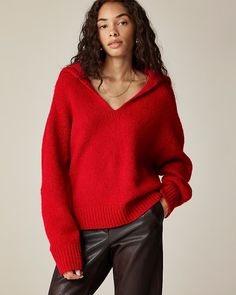 J.Crew: Johnny-collar Sweater With Ribbed Trim For Women Knit V-neck Sweater With Ribbed Collar For Fall, Chic Collared Winter Sweater, Cozy Collared Fall Sweater, Trendy Fall Polo Sweater With Ribbed Cuffs, Trendy Polo Sweater With Ribbed Cuffs For Fall, Trendy Knit Polo Sweater With Ribbed Collar, Trendy Outerwear With Ribbed Collar, Trendy Knit Polo Sweater, Knit Polo Sweater For Fall