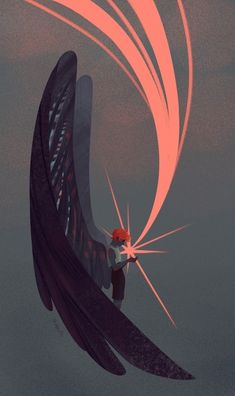 an illustration of a woman flying through the air with her wings spread out and red hair blowing