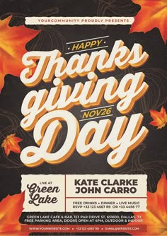 the thanksgiving giving day flyer is shown in orange and black with an image of leaves on it