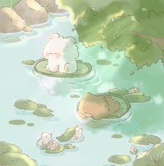 there is a teddy bear floating in the water with lily pads on it's surface