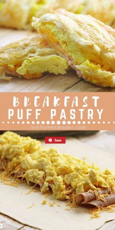 the breakfast puff pastry is ready to be eaten on the table with text overlay that reads, breakfast puff pastry