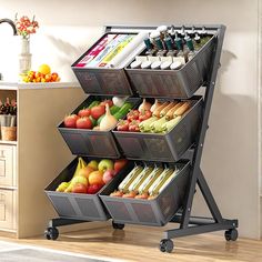 a kitchen with an assortment of fruits and vegetables