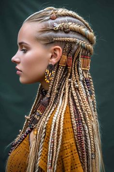 72 Braided Hairstyles Featuring Baubles, Bangles and Beads (Concept Design) - StileStack Braids Y2k, Cornrows Ideas, Doll Hairstyles, Bead Dress, Job Goals, Dramatic Hair, Braided Hairdo, Goddess Braids Hairstyles