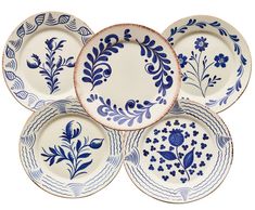 six blue and white plates with floral designs on the rims, all in different shapes and sizes