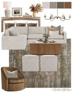 a living room with furniture and decor in shades of brown, beige, and white