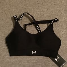 Underarmour Xs Sports Bra, Black With White Words, New With Tags Under Armour Sports Bra For Workout, Black Under Armour Training Activewear, Black Under Armour Activewear For Gym, Under Armour Black Activewear For Gym, Under Armour Stretch Sports Bra For Workout, Gym Shorts Outfit, Sports Bra Outfit, Wireless Sports Bra, Cute Sports Bra