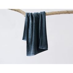 a blue towel hanging from a tree branch