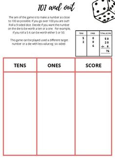 a printable worksheet with two dices and one number on the side