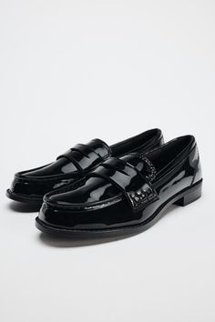 FAUX PATENT LEATHER PENNY LOAFERS - Black | ZARA United States Patent Leather Loafers, Cardigan Sweater Jacket, Black Loafers, Penny Loafers, Zara United States, Shoes Trainers, Leather Loafers, Loafer Shoes, Bags Women