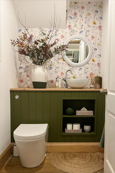 Adding a touch of whimsy to the charm of countryside living with 'Delicate Stems'. Credit: mrsjessdaines Small Wc Ideas Downstairs Loo, Vintage Washboard, Wc Decoration, Wc Ideas, Cloakroom Toilet, Downstairs Cloakroom