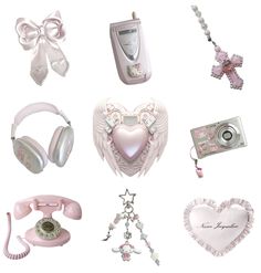 there are many different items on this white background, including an alarm clock and headphones