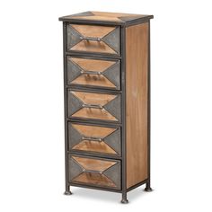 a tall wooden and metal cabinet with five drawers