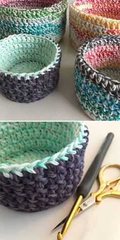 crocheted bowls are shown with scissors and yarn on the bottom one is made from multicolored yarn