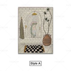 a drawing of a bathroom with a black and white checkered rug, potted plant and