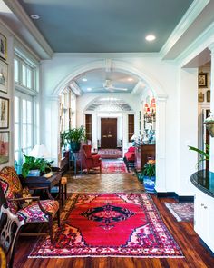 Deep rich blue to balance the rich color in the rugs....and white everywhere else. Painted Ceilings, Rug Ideas, Family Rooms, Ny Times, Vermont, Iowa