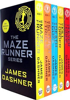 the maze runner series boxed up on a white background with four books in front of it