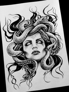 a drawing of a woman with snakes on her head