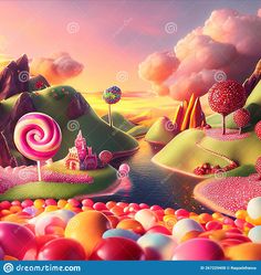 an image of candy land with lollipops and mountains