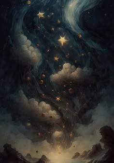 an artistic painting with stars and clouds in the sky