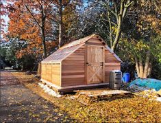 an outhouse in the fall with leaves on the ground