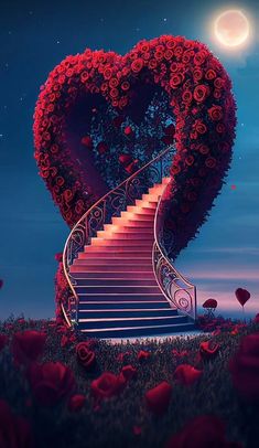 a heart shaped staircase with roses on the steps leading up to it and a full moon in the background