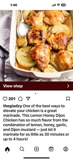 an instagram page showing the recipe for chicken and onions in a casserole dish