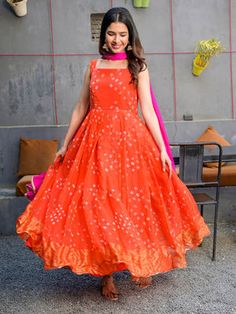 Buy Rangpur Orange Bandhani Print Anarkali Dress With Dupatta (Set of 2) from Rangpur's Indianwear Chiffon Anarkali Dress, Bandhani Print Anarkali, Anarkali Dress With Dupatta, Sleeveless Anarkali, Chiffon Kurta, Dress With Dupatta, Cotton Dresses Online, Bandhani Print, Nykaa Fashion