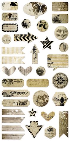 an assortment of different tags and stickers on a white background, with the words adventure written