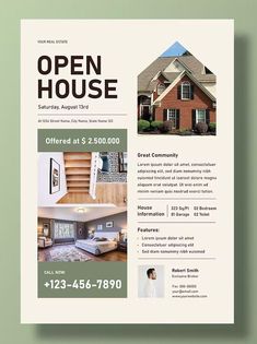 an open house flyer is shown with the image of a home and its interior design