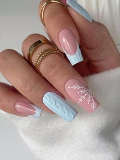 Long, acrylic, icy blue winter nails Blue Christmas Nails, Winter Nails Acrylic, Her Nails, Snowflake Nails, Blue Nail, Acrylic Nails Coffin Short, Xmas Nails