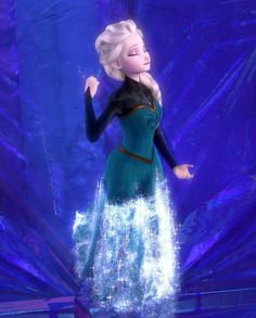 a frozen princess standing in front of a blue background